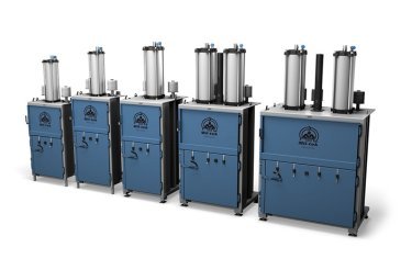 five blue balers on white background all available for rent